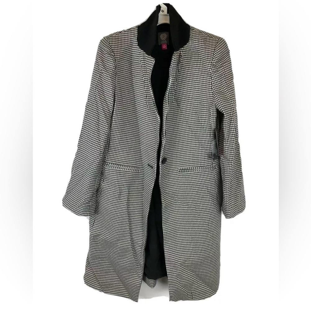 Vince Camuto Houndstooth Notch Collar Topper Coat , Rich Black, Size 8